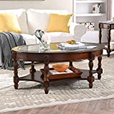 DS-HOMEPORT Traditional Solid Wood Oval Coffee Table with Tempered Glass Top, Cocktail Table with Storage Shelf,Elegant Vintage Living Room Center Tables, 46" L x 29" W x 18" H,Retro Brown.