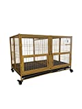 Folding 43" Double Door Removable Divider Gold, Open Top Heavy Duty Dog Pet Cage Kennel w/Trays, Floor Grid, Black Plastic Floor Grid and Casters