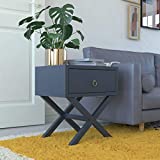 House of Living Art End Table – Cross-Legged Side Table with Drawer and Metal Knob, Navy Blue Finish | Mid Century Modern Collection