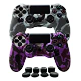 Hikfly Silicone Gel Controller Cover Skin Protector Compatible for Sony Playstation 4 PS4/PS4 Slim/PS4 Pro Controller (2X Controller Cover with 8 x FPS Pro Thumb Grip Caps)(Purple,Grey)