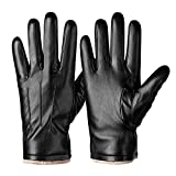 Winter PU Leather Gloves For Men, Warm Thermal Touchscreen Texting Typing Dress Driving Motorcycle Gloves With Wool Lining (Black-L)