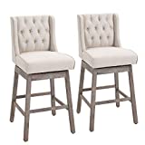 HOMCOM Set of 2 Barstools, 180 Degree Swivel Kitchen Island Stool Dining Room Chairs with Solid Wood Footrests and Button Tufted Design, Beige