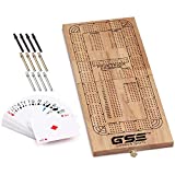 GSE 4-Track Wooden Folding Cribbage Board with Playing Card, Metal Pegs and Storage Area, Portable Continuous Cribbage Board Game Set with Numerical Notations for Family Games