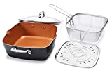 GOTHAM STEEL - 6 Quart XL Nonstick Copper Deep Square All in One 6 Qt Casserole Chefs Pan & Stock Pot- 4 Piece Set, Includes Frying Basket and Steamer Tray, Dishwasher Safe