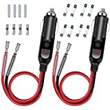 2 Pack 12V Fused Replacement Cigarette Lighter Male Plug - Wekttznol Cigarette Lighter Plug - with Leads & LED Light & 1FT 16AWG Extension Cable with 15A Fuse (2 Pack)