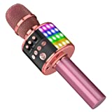Voioke Karaoke Microphone - Bluetooth Microphone for Party - 3 in 1 Wireless Microphone with LED Lights and Surround Speaker - Portable Singing Mic for Kids, Adults (Rose Gold)