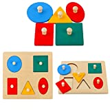 Montessori Multiple Shape Puzzle Baby's First Jumbo Knob Wooden Geometric Shapes Puzzle Board Infant Kid Toddler Preschool Learning Education Montessori Stem Travel Toy Shape & Color Sorter (5 Pieces)