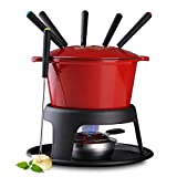 Artestia Cast Iron Fondue Pot Set for Meat, Chocolate & Cheese, Cast Iron Chocolate Fondue Pot Set with 6 Fondue Forks, 11-Piece Cheese Fondue Set Serve 6 Persons (Red)