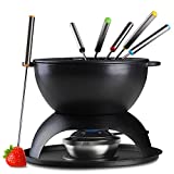 Artestia 11-Piece Cast Iron Fondue Set with Adjustable Burner 6 Colored Forks, 5-Cup Black Cheese Fondue Pot, Perfect for Chocolate, Caramel, Meat, 4-6 Person