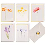 40 Plain Floral Cards, 4 x 6 in Assorted Artistic Watercolor & Gold Foil All Occasion Greeting Cards, Bulk Boxed Set of Blank Flower Stationary Notecards w/ Envelopes & Stickers