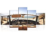 KLVOS 5 Panel Vintage Car Canvas Print Wall Art Retro Car on Beach Summer Landscape Painting Brown American Car Poster Print for Living Room Decor Ready to Hang H-32inch x W-60inch (Vintage Car)