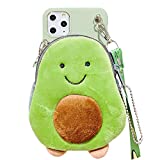 SGVAHY Fluffy Wallet Case for iPhone XR, Cute Avocado Coin Purse Cover Case with Long Lanyard Ultra-Thin Soft Silicone Case Shockproof Protective Case (Avocado, iPhone XR)