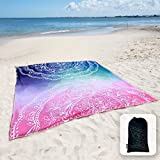 Sunlit Silky Soft 85"x72" Boho Sand Proof Beach Blanket Sand Proof Mat with Corner Pockets and Mesh Bag for Beach Party, Travel, Camping and Outdoor Music Festival,Blue and Pink Mandala
