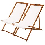 Beach Sling Chair Set Patio Lounge Chair Patio Furniture Outdoor Reclining Beach Chair Wooden Folding Adjustable Frame Solid Eucalyptus Wood with White Polyester Canvas 3 Level Height Portable 2 Set