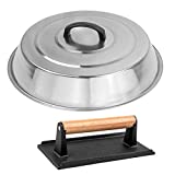 BBQ Accessories 12 Inch Round Stainless Steel Basting Cover - Cheese Melting Dome Rectangle Cast Iron Grill Press Kit for Hamburger Bacon Steak, Best for Blackstone Camp Chef Flat Top Griddle Grill