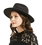 Women or Men Woolen Felt Fedora Hat Vintage Widet Brim Crushable Hat Belt Jazz, Black 58-60cm
