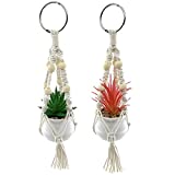 CooShou 2 Pack Mini Macrame Plant Hanger Car Rear View Mirror Charm Hanging Accessories Car Office Home Wall Hallway Plant Hangers with Artificial Succulent Plants and Pots for Plant Lover