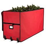 Super Rigid Rolling Christmas Tree Storage Box - Canvas Fabric with Cardboard Inserts - Opens Wide for Easy Input/Access, Artificial Trees Storage Bag, Fits Up To 7.5 ft. Wheels & Handles for Carrying (Red)