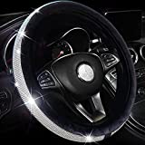 Valleycomfy Crystal Diamond Steering Wheel Cover Soft Velvet Feel Bling Steering Wheel Cover for Women Universal 15 inch Plush Wheel Cover (Black)