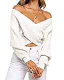 BTFBM Women Casual V Neck Long Sleeve Sweaters Cross Wrap Front Off Shoulder Asymmetric Hem Knitted Crop Solid Pullover(Solid White, Large)