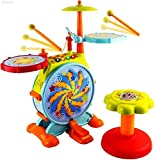 WolVolk Electric Big Toy Drum Set for Kids with Movable Working Microphone to Sing and a Chair - Tons of Various Functions and Activity, Bass Drum and Pedal with Drum Sticks (Adjustable Volume)