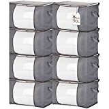 Isbasa 8 Pack 90L Large Capacity Clothes Storage Bags, Foldable Storage Bags for Clothes, Comforter, Blanket, Pillow, Clothing, with Clear Window Sturdy Zipper and Reinforced Thick Fabric Handle, Grey