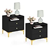 AILEEKISS Nightstands Set of 2 with Wireless Charging Function Wooden Night Stands 2 Sets with Drawers and Open Shelf Storage End Table Home Bedside Table for Bedroom (Black 2 Sets)