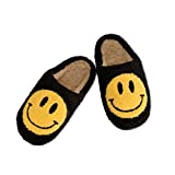 Duper Retro smiley face soft plush comfy warm slides slippers for women (US 5-5.5, Black, medium)