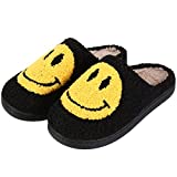 Smiley Face Slippers for Women, Retro Soft Plush Comfy Warm Slip-on Lightweight Cute House Womens Mens Slippers, Memory Foam Indoor Outdoor Trendy Non-slip Flat Winter Slides Shoes (Black, Eur36/37)