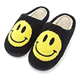 PLMOKN Comfy Smiley Face Cozy Plush Warm Slide on House Slipper with Memory Foam Home Slip-on Fur Slippers Cushioned Indoor Outdoor Clog Slipper for Women Men Girls Boys,black-10-11Women/9-10Men