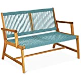 Tangkula 2-Person Patio Acacia Wood Bench Loveseat Chair, Outdoor Patio Bench Acacia Wood Bench in Teak Oil Finish, Patio Loveseat Rope Bench for Balcony Deck Poolside Porch (Turquoise)