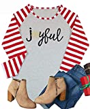 Women Christmas Joyful Snowflake T-Shirt Top Stripe Sleeve Baseball Shirt Size M (Gray)