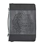 Christian Art Gifts Men/Women's Classic Bible Cover Be Strong and Courageous Lion Joshua 1:9, Gray/Black Faux Leather, Medium