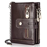 Zipper Wallets for Men Coffee Leather Bifold Stylish Chain Wallet With 2 Coin Pocket and Credit Card Rfid Blocking Wallet