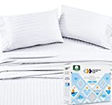 California Design Den - White Bed Sheets Queen, Soft 100% Cotton Sheets Deep Pockets Snug Fit Elastic, 500 Thread Count, 4-Pc Set, Hotel Quality, Damask Stripe Bedsheet Set (Stripe - Pure White)