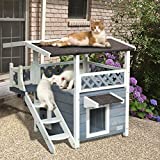 Petsfit Outdoor Cat House for Feral Cats Weatherproof, 2 Story Wooden Kitten Condo with Escape Door