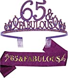 65th Birthday Gifts for Women,65th Birthday Tiara and Sash Purple,65th Birthday Decorations Party Supplies,65& Fabulous Birthday Satin Sash Crystal Tiara Birthday Crown for 65th Birthday Party Decor