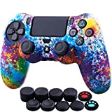 YoRHa Water Transfer Printing Camouflage Silicone Cover Skin Case for Sony PS4/slim/Pro Dualshock 4 Controller x 1(Spashing Paint) with Thumb Grips x 10