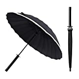 24 Ribs Katana Sword Handle Umbrella, Japanese Samurai Ninja Knives Black Umbrella Sword with Reflective Strip