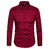 Manwan walk Men's Slim Fit Business Casual Cotton Long Sleeves Solid Button Down Dress Shirts (Large, Wine red)