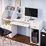 Merax Computer Desk Study Writing Table for Home Office with 44 inch Workstation, Storage Shelves and Pull-Out Keyboard Tray, White