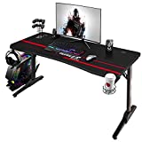 Devoko 44 Inch Gaming Desk T-Shaped PC Computer Table with Free Mouse Pad Carbon Fibre Surface Home Office Desk Gamer Table with Game Handle Rack Headphone Hook and Cup Holder (Carbon Fiber Black)