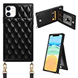 Coolden for iPhone 11 Case Wallet Quilted Leather Women Luxury Phone Cover Crossbody Strap Kickstand Slim Square Armor Card Holder Slots Case for iPhone 11 6.1 inch Black