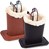 Juvale 2-Pack Plush Lined Eyeglasses Holder Stand, Eyewear, Reading Glass Protective Case for Bedside Table Desk, Nightstand (Black and Brown Faux Leather, 4.5x4.7x3.2 in)