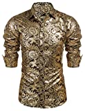 COOFANDY Men’s Gold Luxury Dress Shirts Paisley Print Shirts for Prom Performing/Party/Nightclub