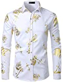 ZEROYAA Mens Hipster 3D Golden Rose Floral Printed Slim Fit Long Sleeve Button Down Dress Shirts ZZCL22 White X Large