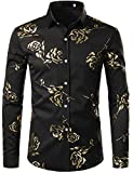 ZEROYAA Men's 3D Golden Rose Printed Slim Fit Long Sleeve Button Down Floral Dress Shirts ZZCL30 Black Gold Large