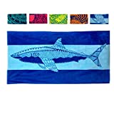 Nova Blue Shark Beach Towel – Blue with A Tropical Design, Extra Large, XL (34”x 63”) Cool Hawaiian, Navy Beach Towel with Light Blue Stripe, Made from 100% Cotton