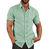 JEKAOYI Button Down Short Sleeve Linen Shirts for Men Summer Casual Cotton Spread Collar Beach Shirts (Green, Large)