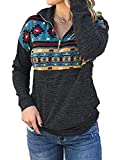 Voopptaw Women's Aztec Print Pullover Tops Long Sleeve Lapel Zip Up Sweatshirt Hoodie with Kangaroo Pocket Blue Medium